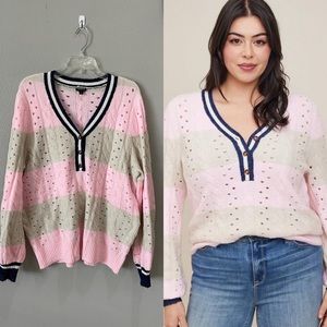 Plus Sz 1X Torrid Vegan Cashmere Pullover Henley Striped Sweater Pink Navy Beige